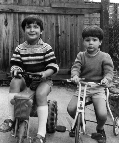 Our sons Virgil & Igor, in our Kidlington garden on their vehicles